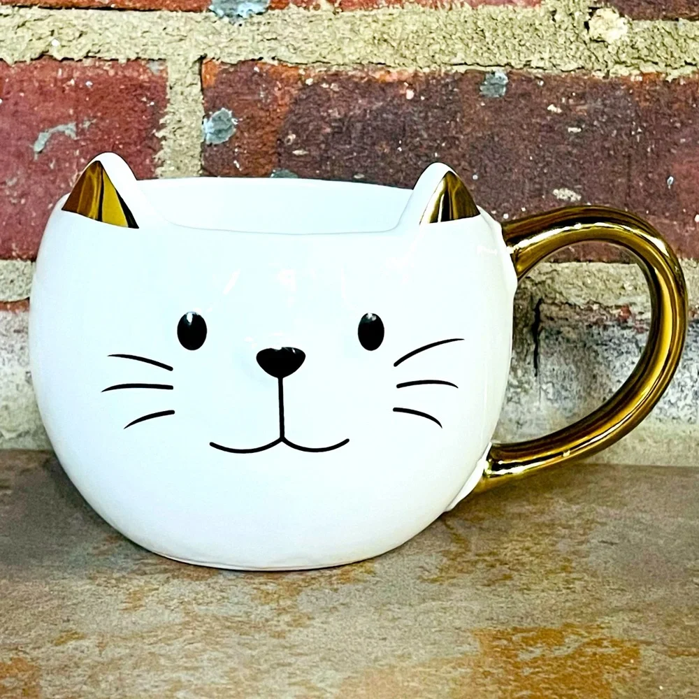 NEW Large Cat Shaped White and Gold Coffee Tea Mug Cup Pet Animal Lover 17 fl oz - Picture 1 of 10